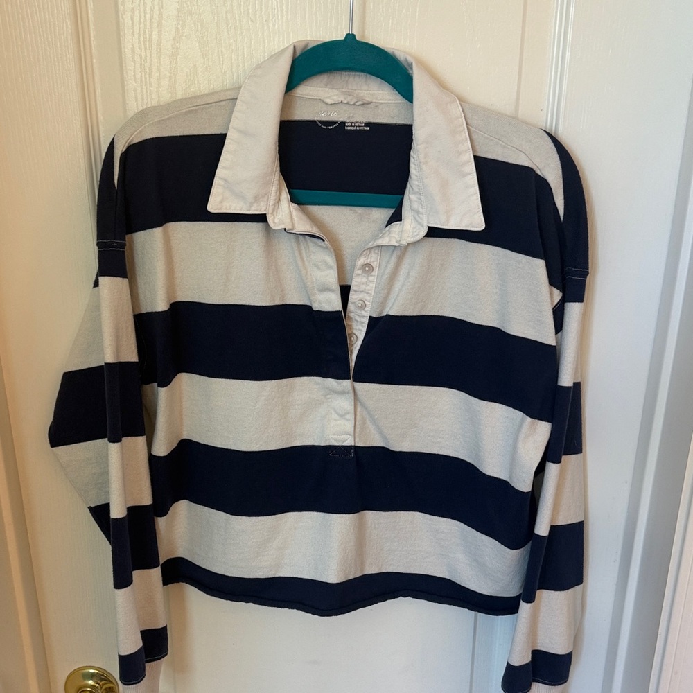 American Eagle Outfitters Navy and Cream Striped Rugby Top